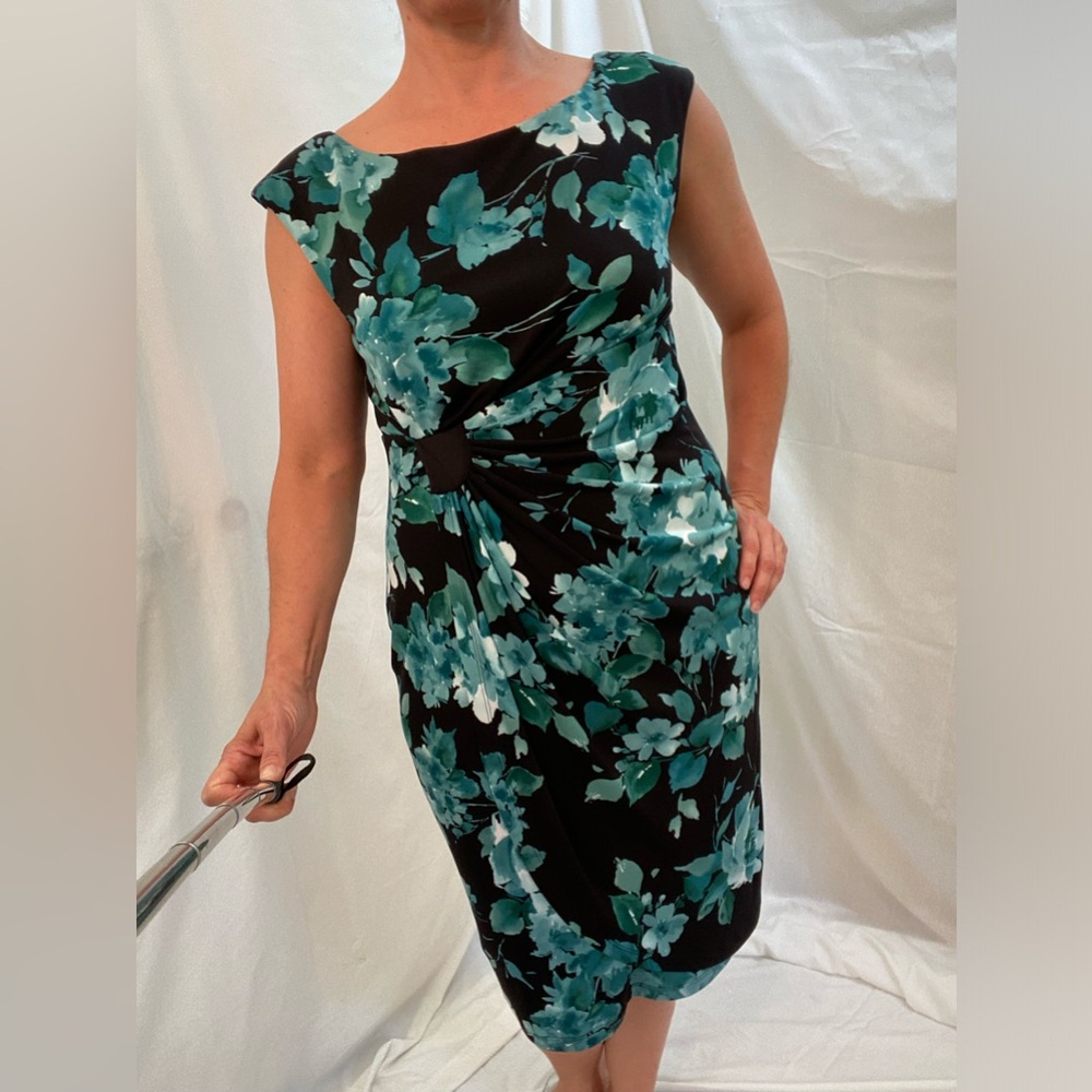 Connected Apparel, Black and Green Floral Dress Gathered on Side, Size 12